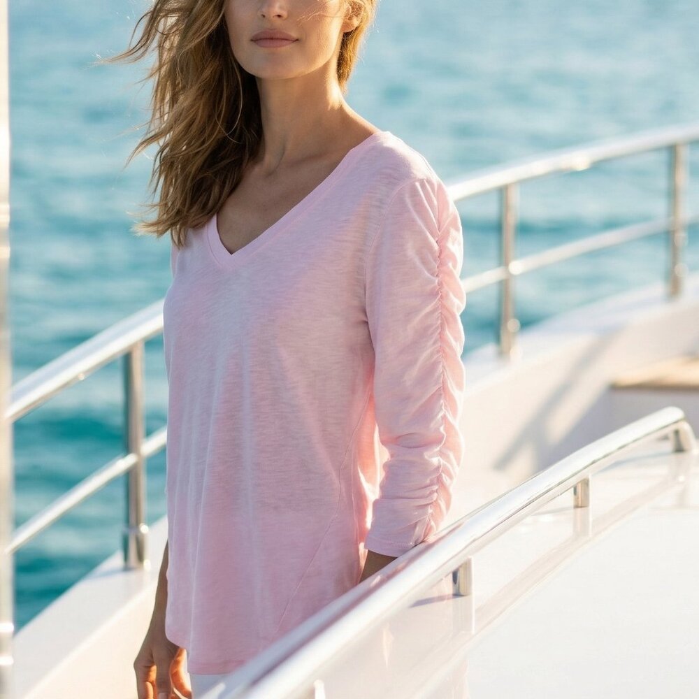 NWT SUNDRY pink pima cotton v neck rushed sleeve t-shirt XL